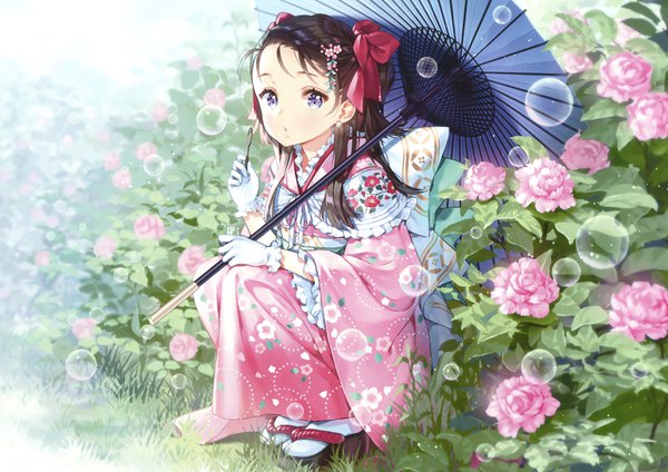 Anime picture 3000x2122 with original eshi 100-nin ten ancotaku single long hair looking at viewer blush highres open mouth blue eyes black hair full body outdoors traditional clothes japanese clothes hair flower scan wide sleeves floral print squat