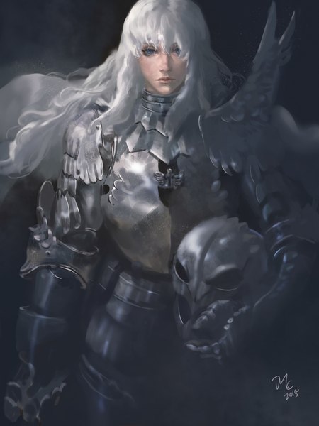 Anime picture 800x1067 with berserk griffith michaelcty single long hair tall image looking at viewer fringe blue eyes simple background hair between eyes standing signed white hair floating hair dated black background wavy hair androgynous helmet removed