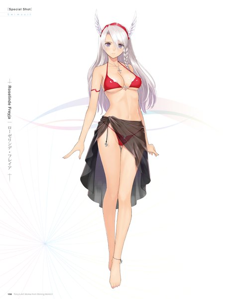 Anime picture 1461x1920 with shining (series) shining blade roselinde (shining blade) tony taka single long hair tall image looking at viewer breasts blue eyes light erotic simple background white background full body white hair braid (braids) barefoot official art ass visible through thighs girl