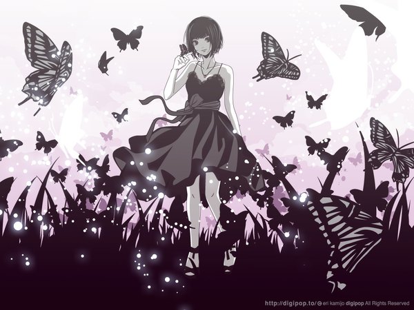 Anime picture 1024x768 with eri kamijou eri kamijo wallpaper monochrome girl dress insect butterfly jewelry necklace