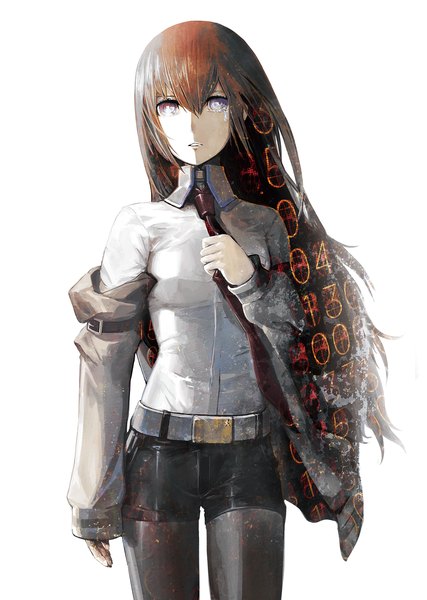 Anime picture 1349x1894 with steins;gate white fox makise kurisu huke single long hair tall image looking at viewer blue eyes simple background brown hair white background open clothes open jacket girl shirt necktie jacket shorts