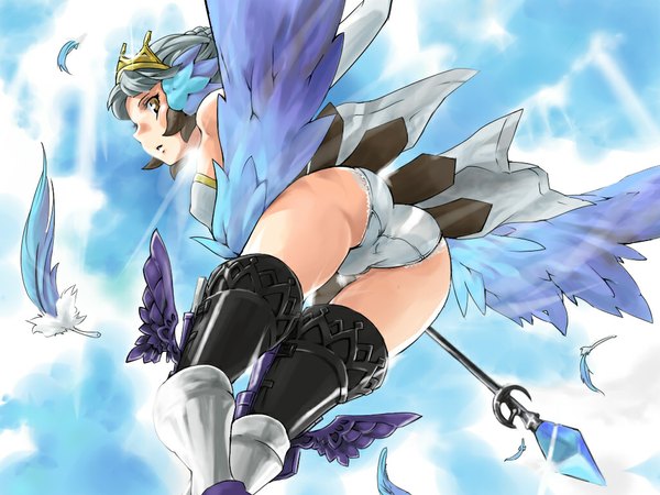 Anime picture 1024x768 with odin sphere vanillaware gwendolyn hekeniko light erotic ass white hair from below bent over thighhighs dress gloves underwear panties hat wings elbow gloves boots thigh boots crown