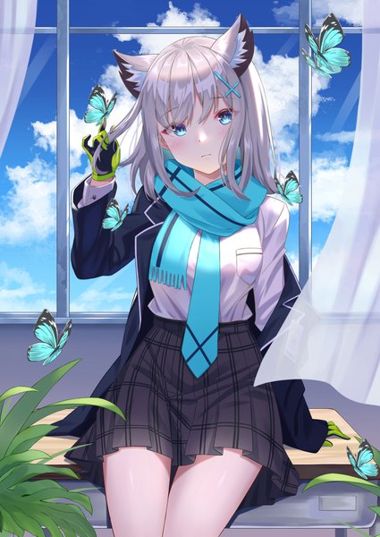 Anime picture 1756x2479 with blue archive shiroko (blue archive) calder (pixiv3698273) single long hair tall image looking at viewer blush fringe highres blue eyes hair between eyes sitting animal ears sky silver hair cloud (clouds) indoors long sleeves head tilt