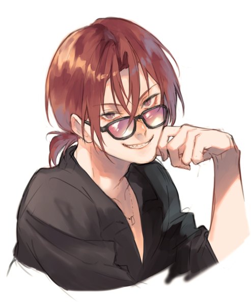 Anime picture 2888x3510 with free! kyoto animation matsuoka rin yokuni (yokunill001121) single tall image looking at viewer highres short hair simple background smile red eyes white background red hair teeth grin portrait low ponytail sharp teeth boy