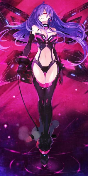 Anime picture 2989x5978 with choujigen game neptune kami jigen game neptune v iris heart pururut warechu tsunako single long hair tall image looking at viewer fringe highres breasts light erotic smile red eyes large breasts standing bare shoulders holding