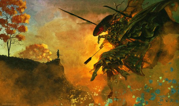 Anime picture 1280x756 with sekiro: shadows die twice from software sekiro anato finnstark single wide image standing signed full body weapon plant (plants) sword tree (trees) monster cliff