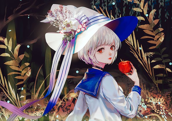 Anime picture 819x579 with original say hana single looking at viewer short hair red eyes holding white hair looking back girl uniform flower (flowers) hat choker serafuku fruit skull apple hat ribbon