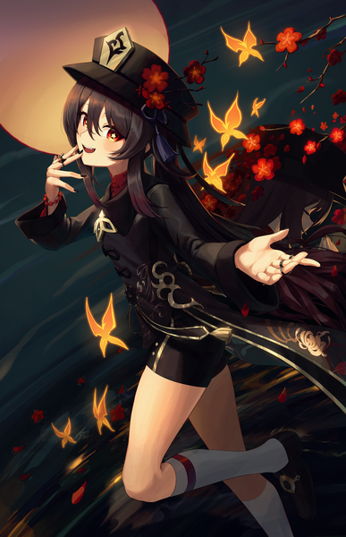 Anime picture 1935x3000 with genshin impact hu tao (genshin impact) pellas (panix2383) single long hair tall image looking at viewer blush fringe highres open mouth hair between eyes red eyes brown hair standing twintails payot bent knee (knees) outdoors long sleeves