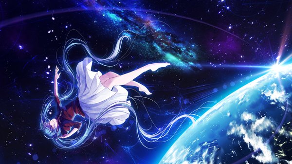 Anime picture 1885x1060 with vocaloid hatsune miku mokoppe single fringe highres wide image twintails blue hair bent knee (knees) eyes closed very long hair parted lips barefoot from above sunlight bare legs no shoes lens flare outstretched arm