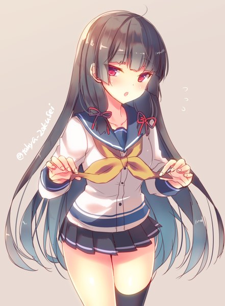 Anime-Bild 1200x1632 mit kantai collection isokaze destroyer tahya single long hair tall image blush fringe open mouth simple background red eyes brown hair standing holding signed payot blue hair looking away ahoge long sleeves