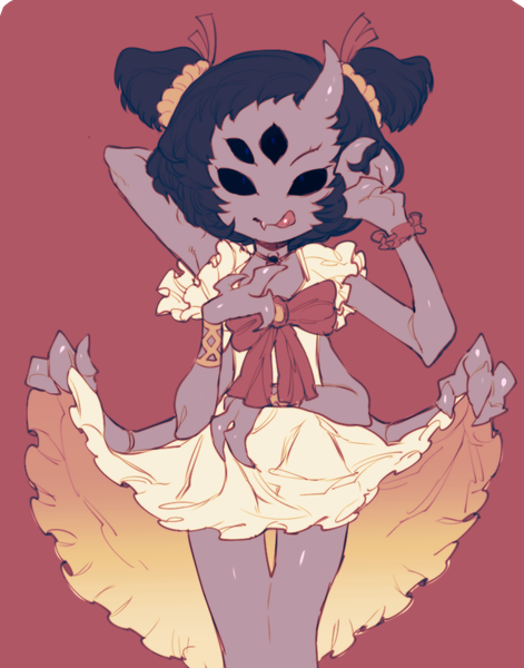 Anime picture 791x1007 with undertale muffet 3m 0l single tall image looking at viewer short hair black hair simple background twintails one eye closed horn (horns) fang (fangs) thigh gap short twintails arm behind head red background monster girl girl dress