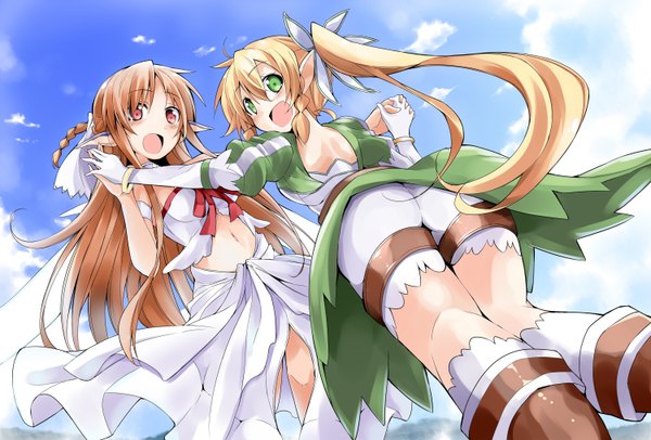 Anime picture 1500x1016 with sword art online a-1 pictures yuuki asuna leafa titania (alo) bibi02 long hair looking at viewer blush open mouth light erotic blonde hair red eyes brown hair multiple girls green eyes sky cloud (clouds) ass ponytail