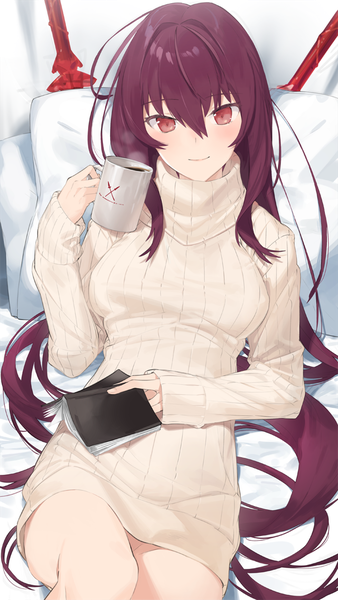 Anime picture 640x1136 with fate (series) fate/grand order scathach (fate) (all) scathach (fate) hayashi kewi single long hair tall image looking at viewer fringe breasts smile hair between eyes red eyes purple hair reclining steam girl weapon pillow