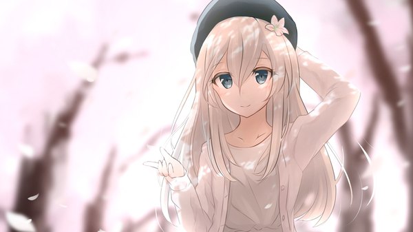 Anime picture 1920x1080 with kantai collection u-511 submarine mitsukii single long hair looking at viewer fringe highres blue eyes blonde hair hair between eyes wide image hair flower light smile blurry cherry blossoms arm behind head outstretched hand girl flower (flowers)