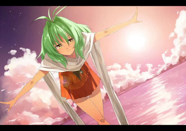 Anime picture 1350x954 with xenogears emerada (xenogears) dennou-k single long hair looking at viewer yellow eyes sky cloud (clouds) green hair lens flare spread arms horizon girl dress skirt sea sun
