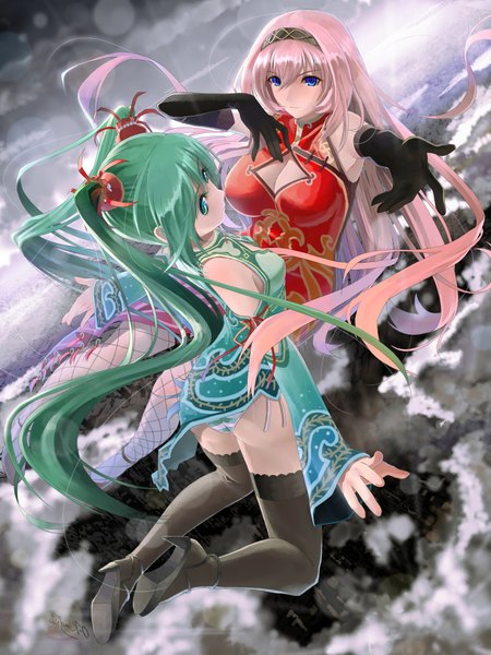 Anime picture 1560x2080 with vocaloid hatsune miku megurine luka okingjo long hair tall image breasts blue eyes light erotic twintails bare shoulders multiple girls pink hair aqua hair pantyshot chinese clothes girl thighhighs gloves black thighhighs