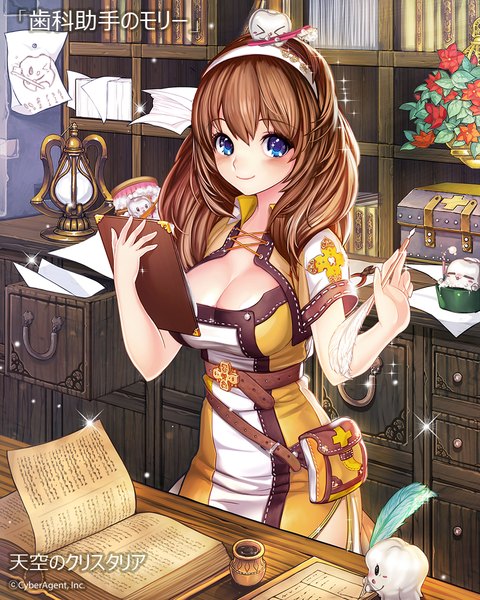 Anime picture 960x1200 with original garam single long hair tall image looking at viewer blush blue eyes smile brown hair cleavage girl dress hairband book (books) feather (feathers) paper