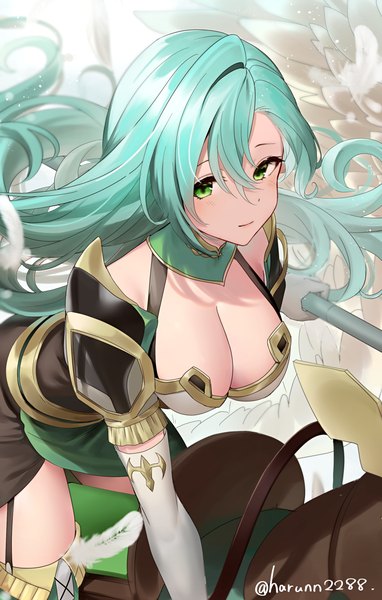 Anime picture 931x1463 with fire emblem fire emblem engage nintendo chloe (fire emblem) haru (nakajou-28) single long hair tall image fringe breasts light erotic hair between eyes large breasts green eyes signed looking away cleavage aqua hair twitter username riding