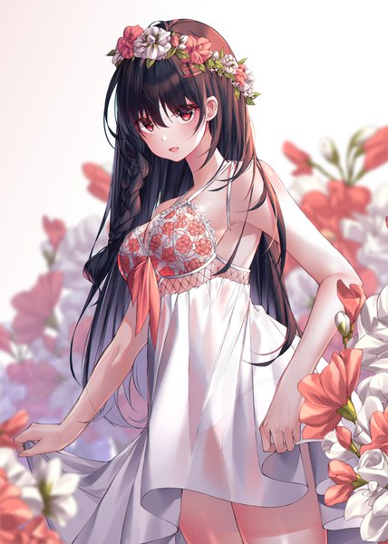 Anime picture 2000x2805 with original kinty single long hair tall image looking at viewer blush fringe highres breasts open mouth light erotic black hair simple background hair between eyes red eyes standing braid (braids) multicolored hair mole