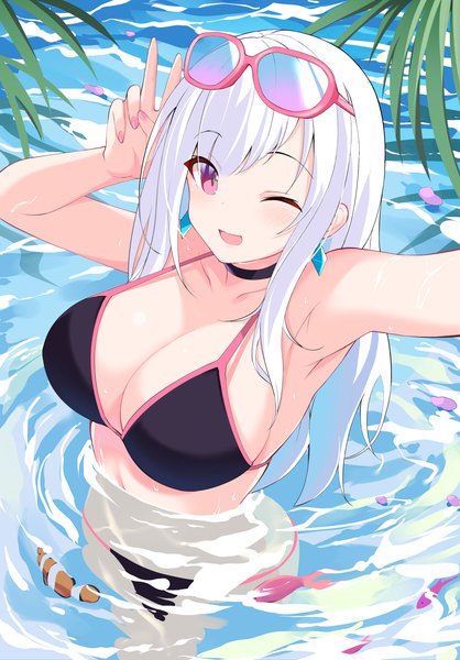 Anime picture 2097x3011 with original oywj single long hair tall image looking at viewer blush fringe highres breasts open mouth light erotic smile large breasts standing payot pink hair white hair nail polish one eye closed
