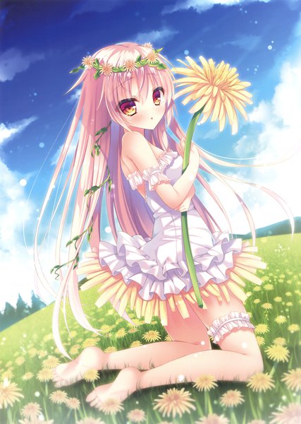 Anime picture 2494x3500 with original rokudou itsuki single long hair tall image highres pink hair absurdres sky cloud (clouds) scan official art orange eyes girl flower (flowers) frills sundress wreath