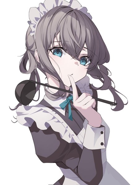 Anime picture 3000x4000 with original crystalherb single long hair tall image looking at viewer fringe highres blue eyes simple background hair between eyes standing white background upper body long sleeves grey hair maid puffy sleeves finger to mouth girl