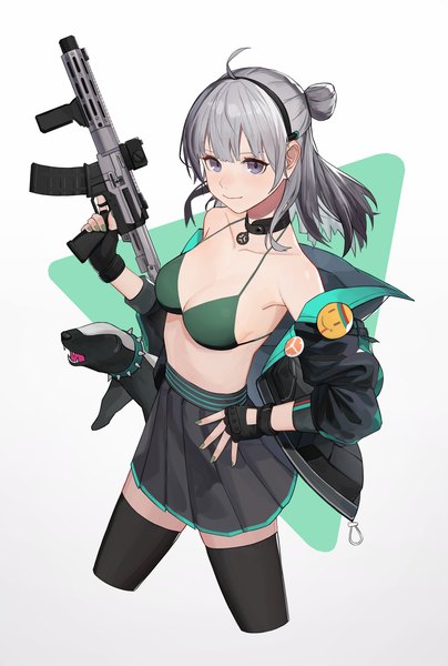 Anime picture 2009x2982 with girls frontline honey badger (girls frontline) aoiro (t aoiro123) single long hair tall image looking at viewer fringe highres light erotic white background silver hair ahoge blunt bangs pleated skirt open jacket grey eyes hair bun (hair buns) hand on hip half updo