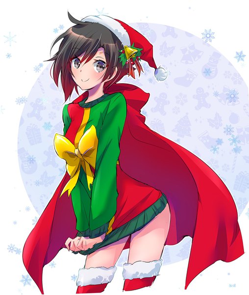 Anime picture 1177x1389 with rwby rooster teeth ruby rose iesupa single tall image looking at viewer blush short hair light erotic black hair simple background smile red hair multicolored hair two-tone hair zettai ryouiki fur trim christmas gradient hair