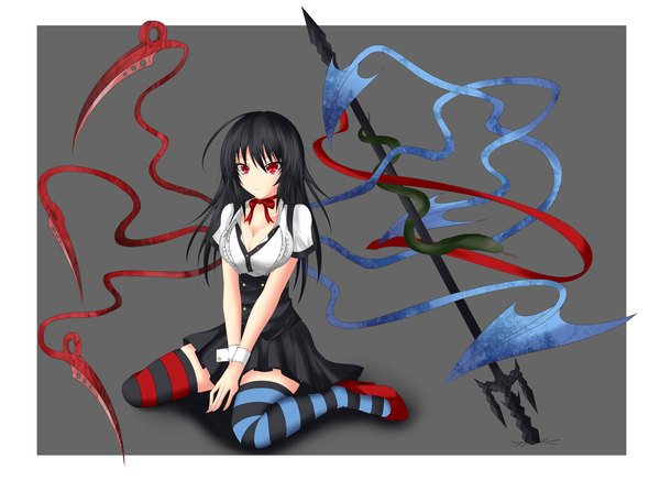Anime picture 2000x1454 with touhou houjuu nue gmot single long hair highres black hair red eyes girl thighhighs dress wings striped thighhighs trident