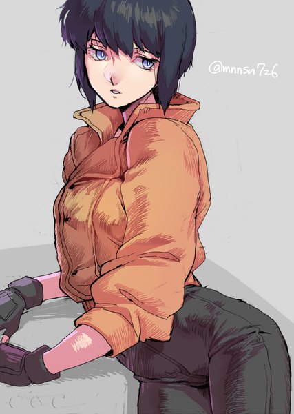 Anime picture 632x887 with ghost in the shell production i.g kusanagi motoko katsuoboshi single tall image short hair blue eyes black hair simple background signed looking away grey background arm support twitter username girl jacket