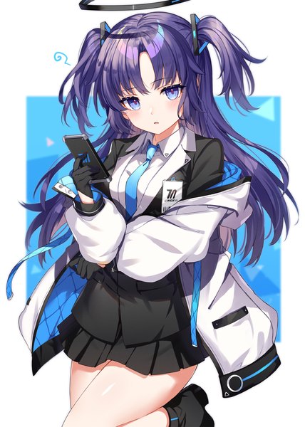Anime-Bild 2122x2976 mit blue archive yuuka (blue archive) abusoru single long hair tall image looking at viewer blush highres standing purple eyes purple hair pleated skirt open jacket two side up border standing on one leg outside border scribble girl