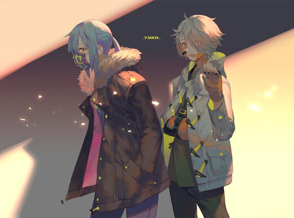 Anime picture 975x724 with original yamakawa long hair looking at viewer fringe short hair signed ponytail profile grey hair hair over one eye open jacket multiple boys orange eyes fur trim symbol-shaped pupils hands in pockets waving boy jacket