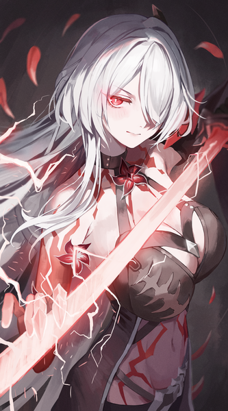 Anime picture 1205x2171 with honkai: star rail honkai (series) acheron (honkai: star rail) dotthebot single long hair tall image looking at viewer fringe breasts light erotic red eyes large breasts cleavage white hair from above hair over one eye girl weapon sword