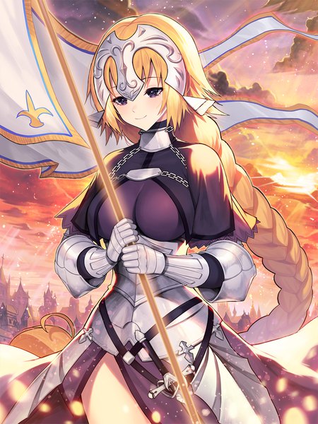 Anime picture 1000x1333 with fate (series) fate/grand order fate/apocrypha jeanne d'arc (fate) (all) jeanne d'arc (fate) kyundoo single long hair tall image blush fringe breasts blonde hair smile large breasts standing purple eyes holding payot sky
