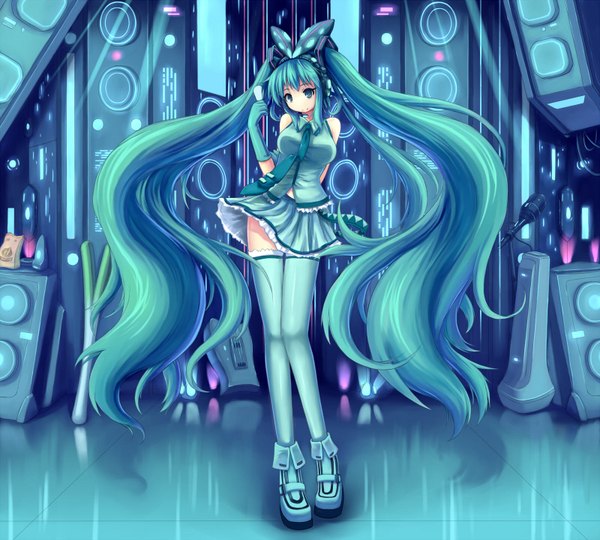 Anime picture 1600x1440 with vocaloid hatsune miku hoshi no gen single twintails bare shoulders very long hair aqua eyes aqua hair girl thighhighs skirt gloves miniskirt necktie shoes boots headphones