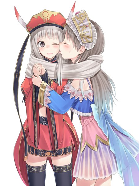 Anime picture 900x1197 with atelier (series) atelier totori gust (company) totooria helmold judith volltone suzushiro yukari long hair tall image blush simple background white background multiple girls eyes closed one eye closed grey hair wink grey eyes shoujo ai shared scarf girl