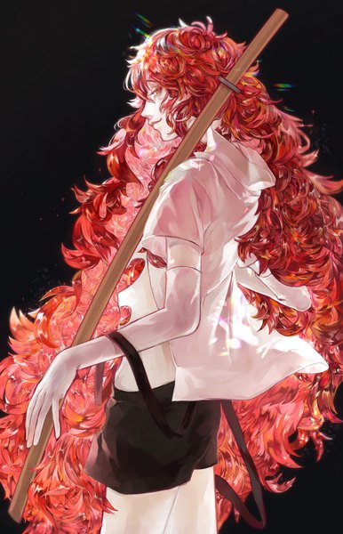 Anime picture 2039x3168 with houseki no kuni padparadscha (houseki no kuni) amano41 single tall image looking at viewer highres simple background red eyes standing red hair very long hair profile open shirt black background sheathed shiny androgynous gloves weapon