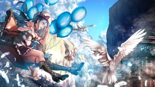 Anime picture 1920x1080 with original lee-chan (saraki) saraki single long hair highres blue eyes wide image sitting holding blue hair looking away cloud (clouds) full body profile wind mountain flying lacing girl