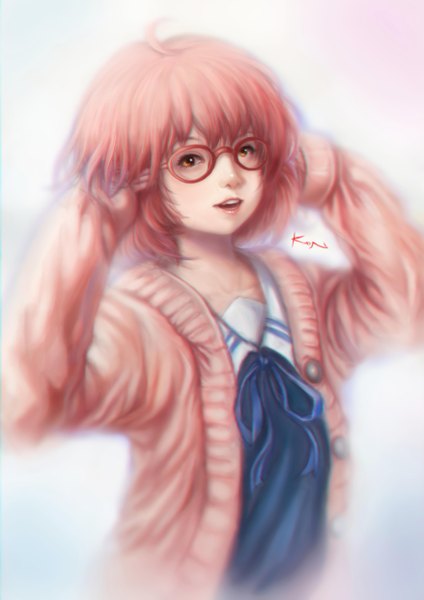 Anime picture 3508x4961 with kyoukai no kanata kyoto animation kuriyama mirai kuon (kwonchanji) single tall image highres short hair open mouth simple background smile white background brown eyes pink hair absurdres lips realistic girl uniform school uniform