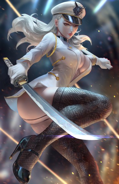 Anime picture 3300x5100 with original nopeys single long hair tall image looking at viewer highres breasts light erotic large breasts standing holding brown eyes absurdres cleavage silver hair bent knee (knees) ass long sleeves lips