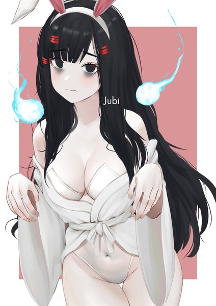 Anime picture 2480x3508 with original alyssa (jubi) jubi (regiana) single long hair tall image looking at viewer fringe highres breasts light erotic black hair large breasts signed animal ears cleavage traditional clothes japanese clothes black eyes bunny ears