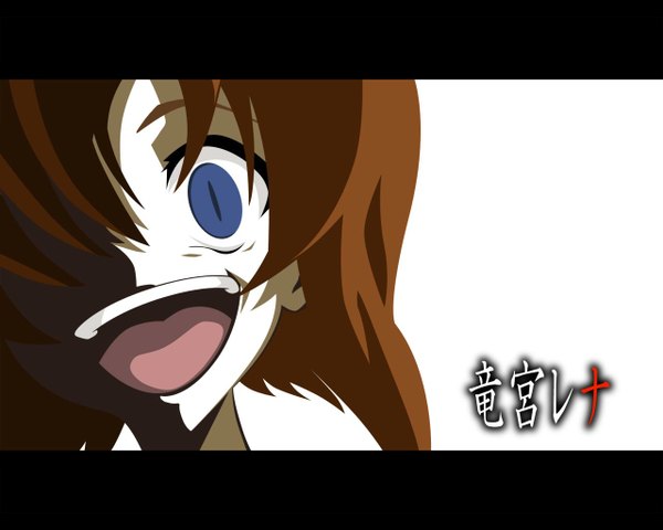 Anime picture 1280x1024 with higurashi no naku koro ni studio deen ryuuguu rena single fringe short hair open mouth blue eyes simple background smile brown hair white background hair over one eye inscription teeth letterboxed close-up shaded face face polychromatic