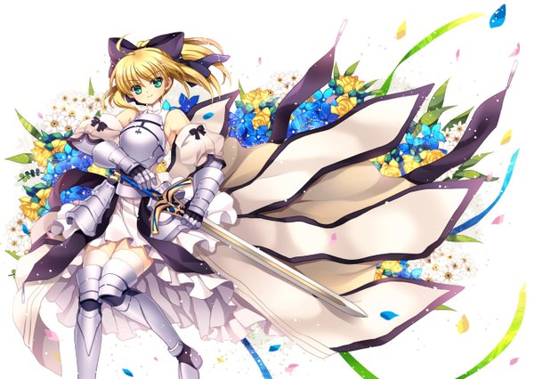 Anime picture 1280x910 with fate (series) fate/stay night fate/unlimited codes studio deen type-moon artoria pendragon (all) saber saber lily capura lin single short hair blonde hair smile green eyes girl dress flower (flowers) bow weapon hair bow