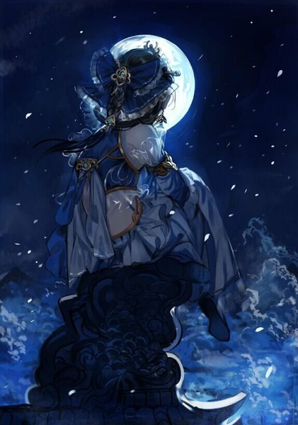 Anime picture 574x817 with a chinese ghost story 2 ran (pixiv2957827) single long hair tall image black hair sitting cloud (clouds) braid (braids) traditional clothes japanese clothes from behind night alternate costume night sky single braid girl bow hair bow detached sleeves