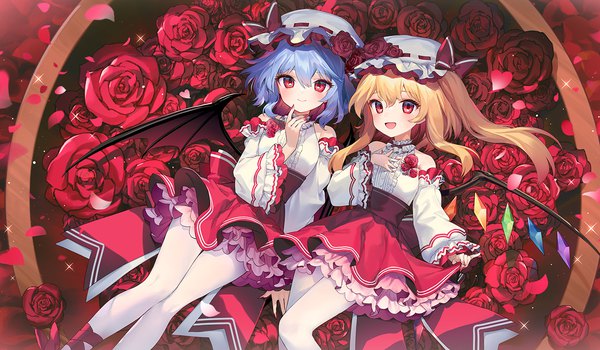Anime picture 1500x875 with touhou flandre scarlet remilia scarlet ainy looking at viewer fringe short hair open mouth blonde hair smile hair between eyes red eyes wide image multiple girls blue hair :d sparkle one side up siblings sisters