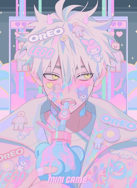 Anime picture 1500x2071 with hello kitty original sanrio lego oreo inplick single tall image blush fringe short hair open mouth hair between eyes holding yellow eyes looking away cloud (clouds) upper body white hair horn (horns)