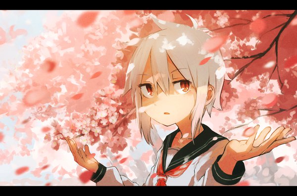 Anime picture 2039x1350 with original inami hatuko single fringe highres short hair open mouth hair between eyes red eyes payot looking away upper body ahoge white hair long sleeves blurry arms up cherry blossoms letterboxed shaded face