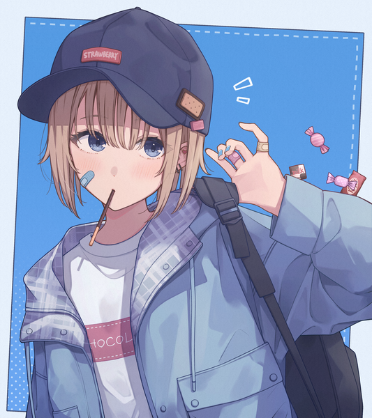 Anime picture 3031x3411 with original ene mizunoawa single tall image looking at viewer blush fringe highres short hair blue eyes blonde hair holding absurdres upper body nail polish arm up open jacket piercing mouth hold border