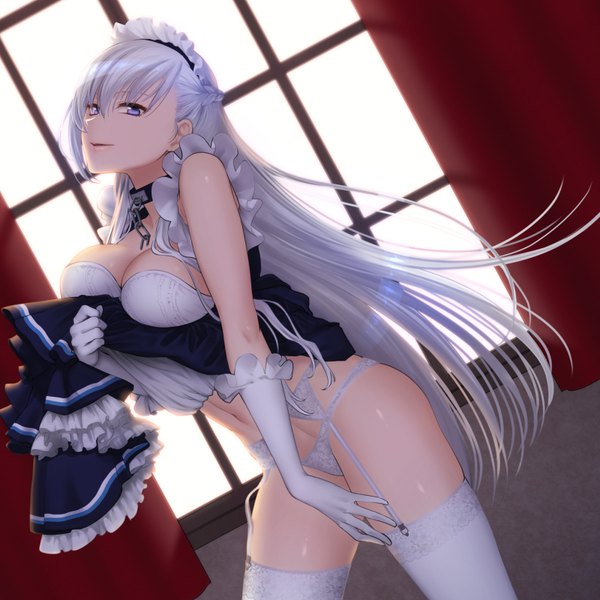 Anime picture 800x800 with azur lane belfast (azur lane) shoukaki (earthean) single long hair looking at viewer fringe breasts light erotic hair between eyes large breasts standing purple eyes bare shoulders cleavage silver hair indoors braid (braids) parted lips light smile