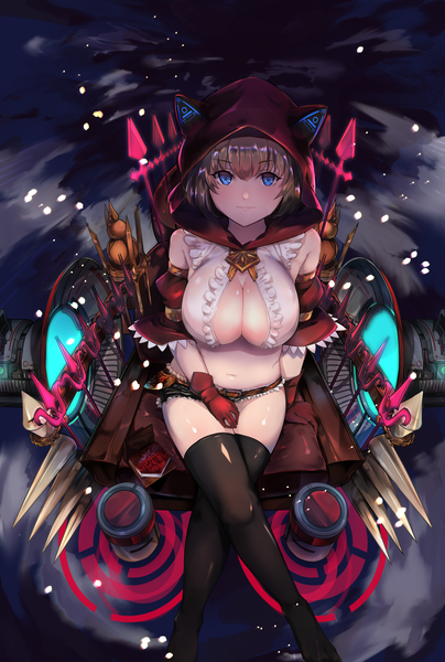 Anime picture 1892x2806 with original ase tou mi kaameru single tall image looking at viewer blush fringe highres short hair breasts blue eyes light erotic hair between eyes brown hair large breasts sitting bare shoulders cleavage from above arm support